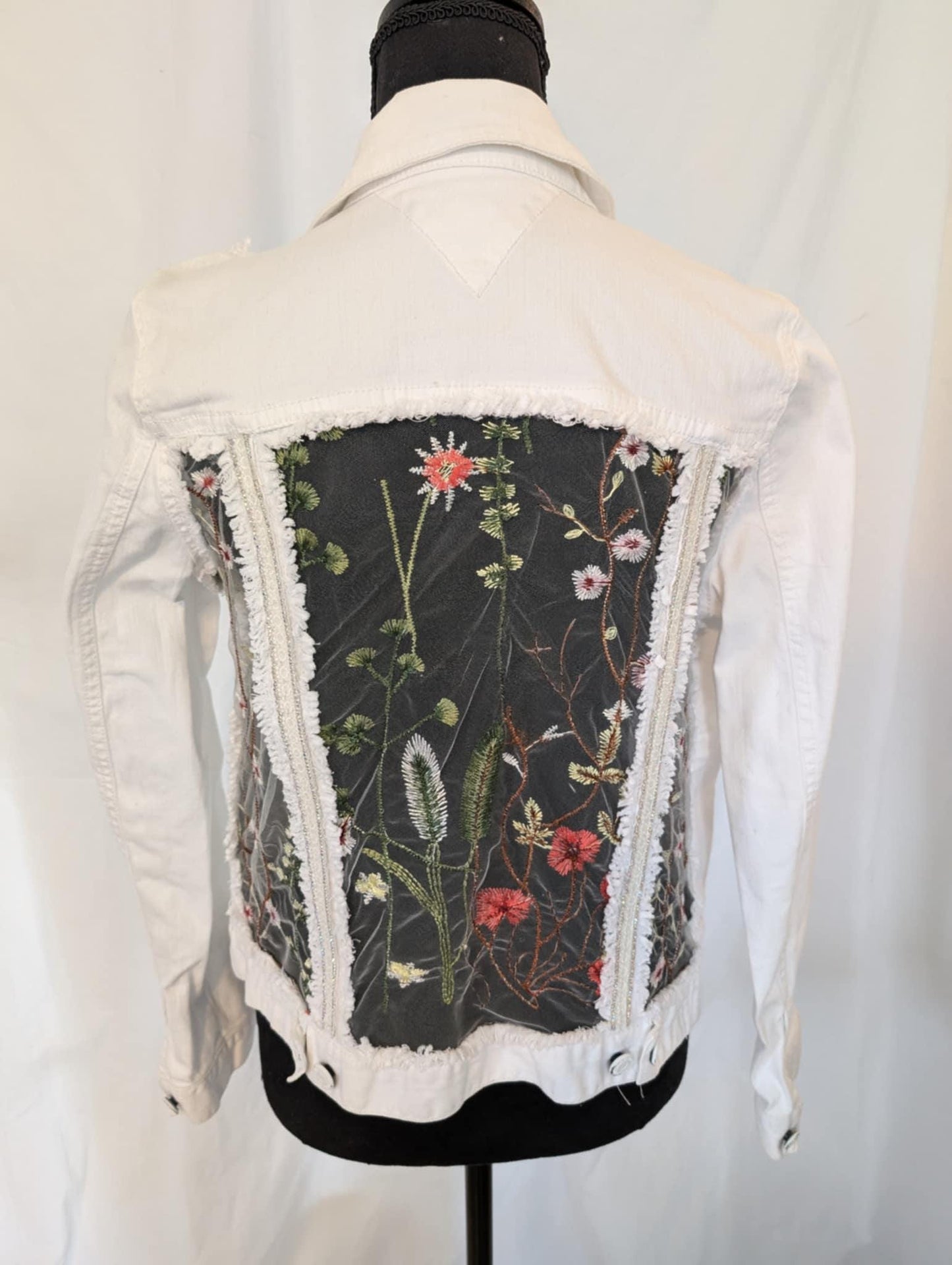 Vintage Tommy Hilfiger Denim Jacket, Embroidered Floral Tulle, Rhinestone Trim