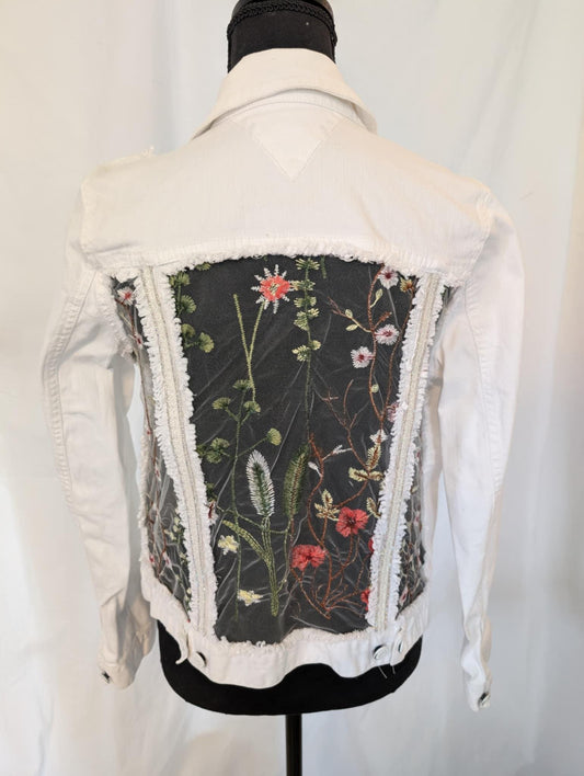 Vintage Tommy Hilfiger Denim Jacket, Embroidered Floral Tulle, Rhinestone Trim