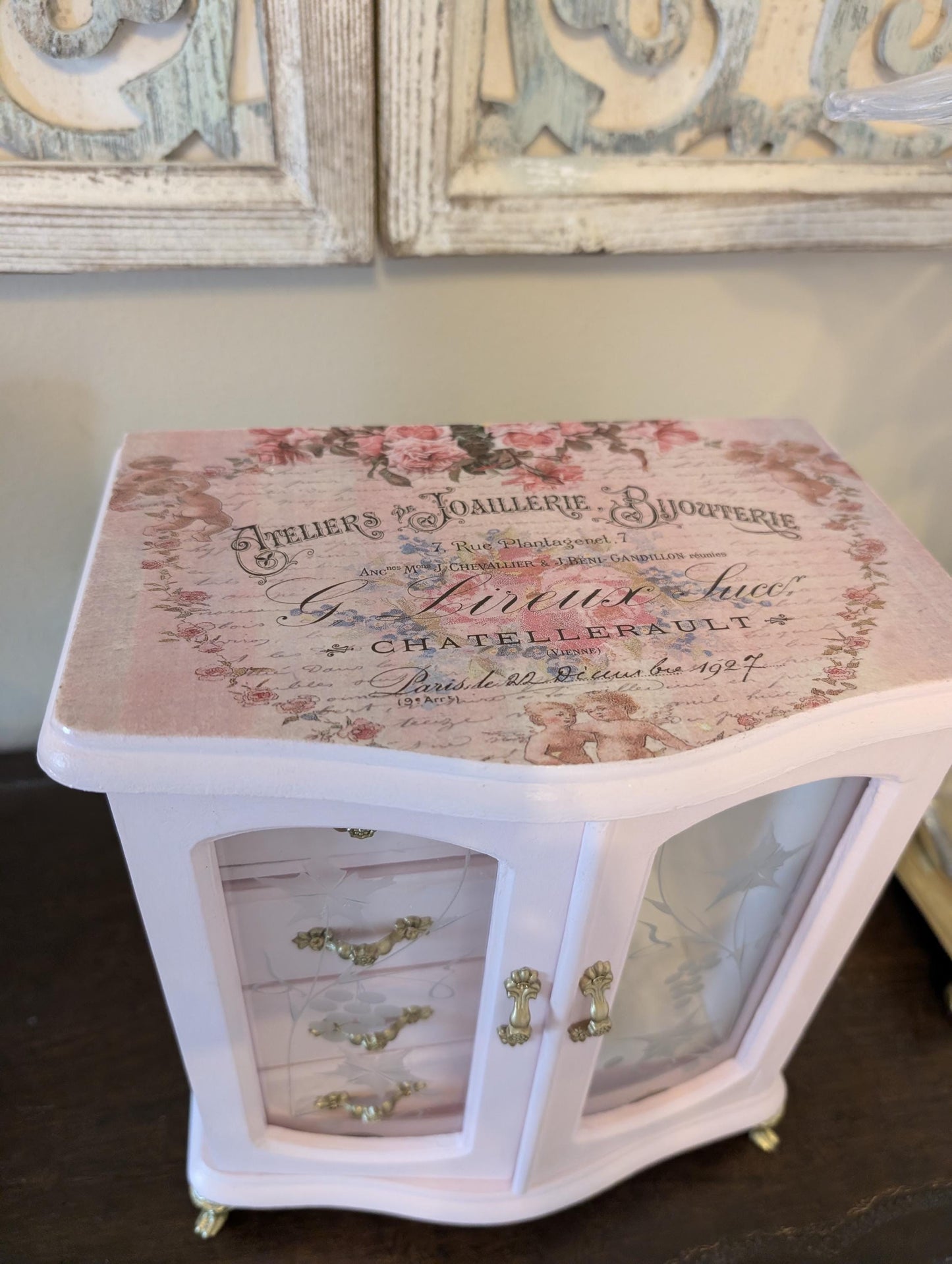 Vintage Custom Hand Painted Shabby Chic Tabletop Pink White & Gold Jewelry Box
