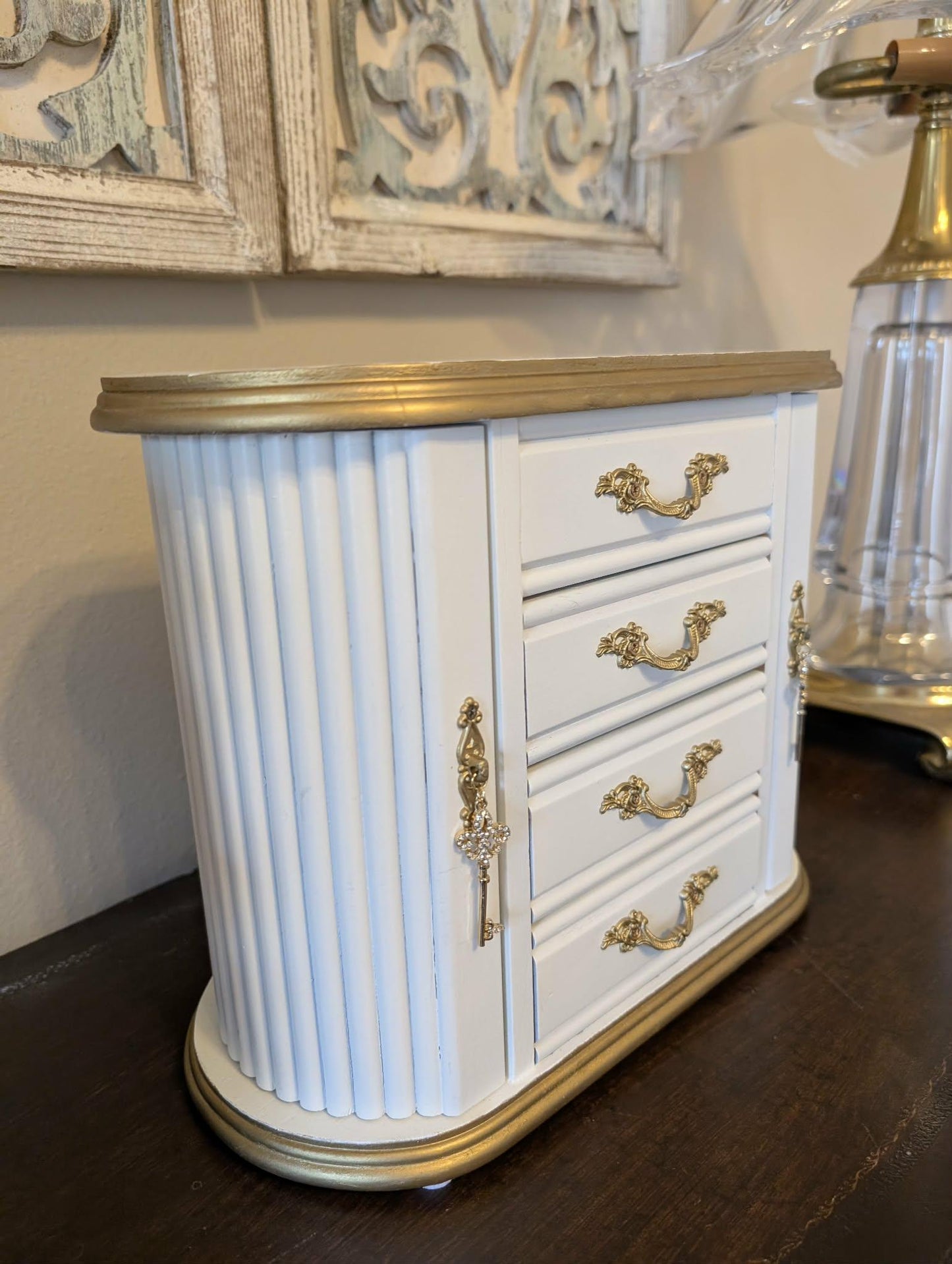 One of a Kind Custom Hand Painted Tabletop White & Gold Jewelry Box