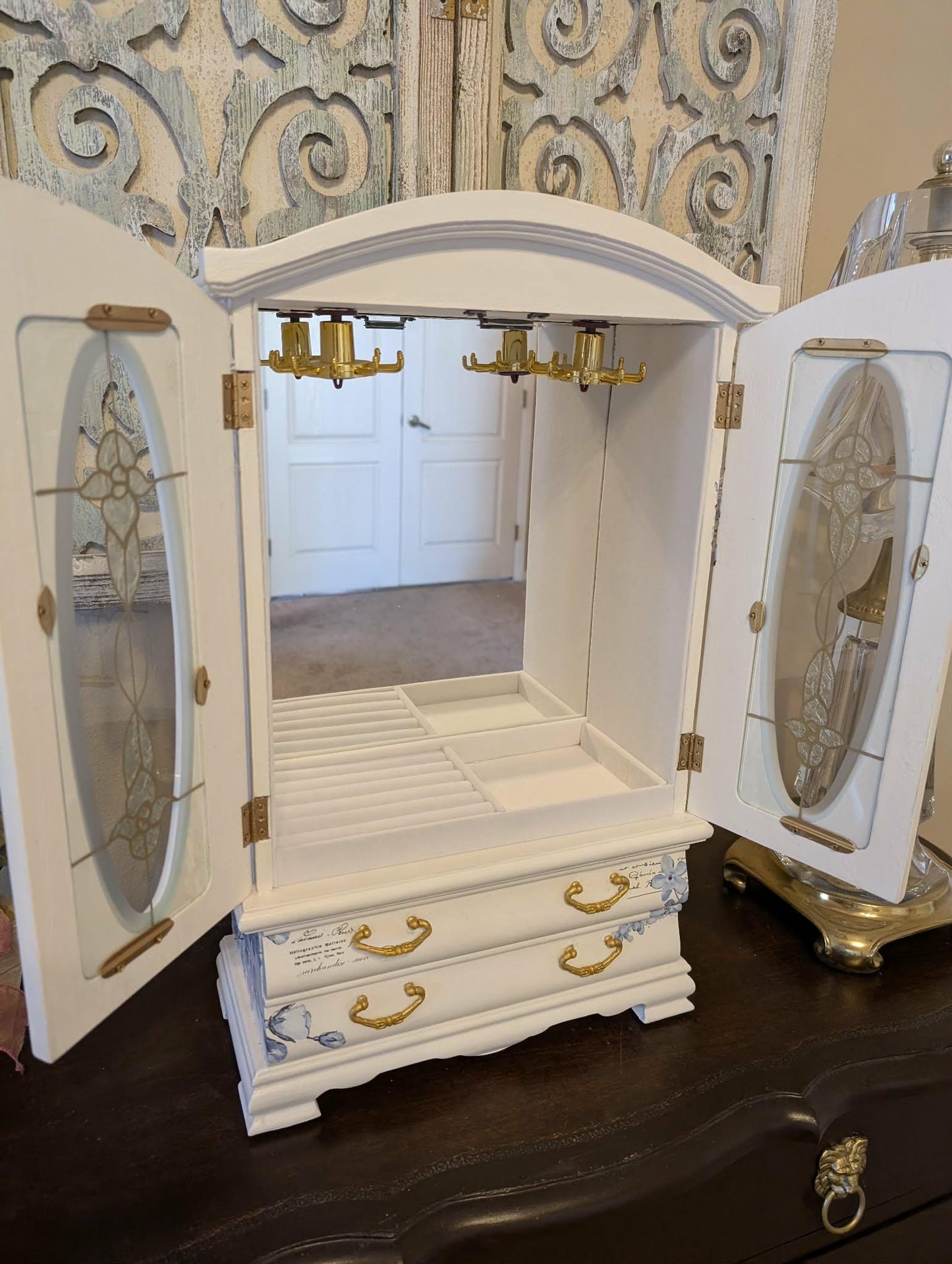 Vintage Custom Hand Painted French Country Tabletop Blue, White & Gold XL Jewelry Box
