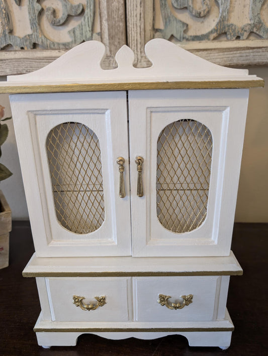 Vintage Custom Hand Painted Shabby Chic Tabletop Birds White & Gold Jewelry Box