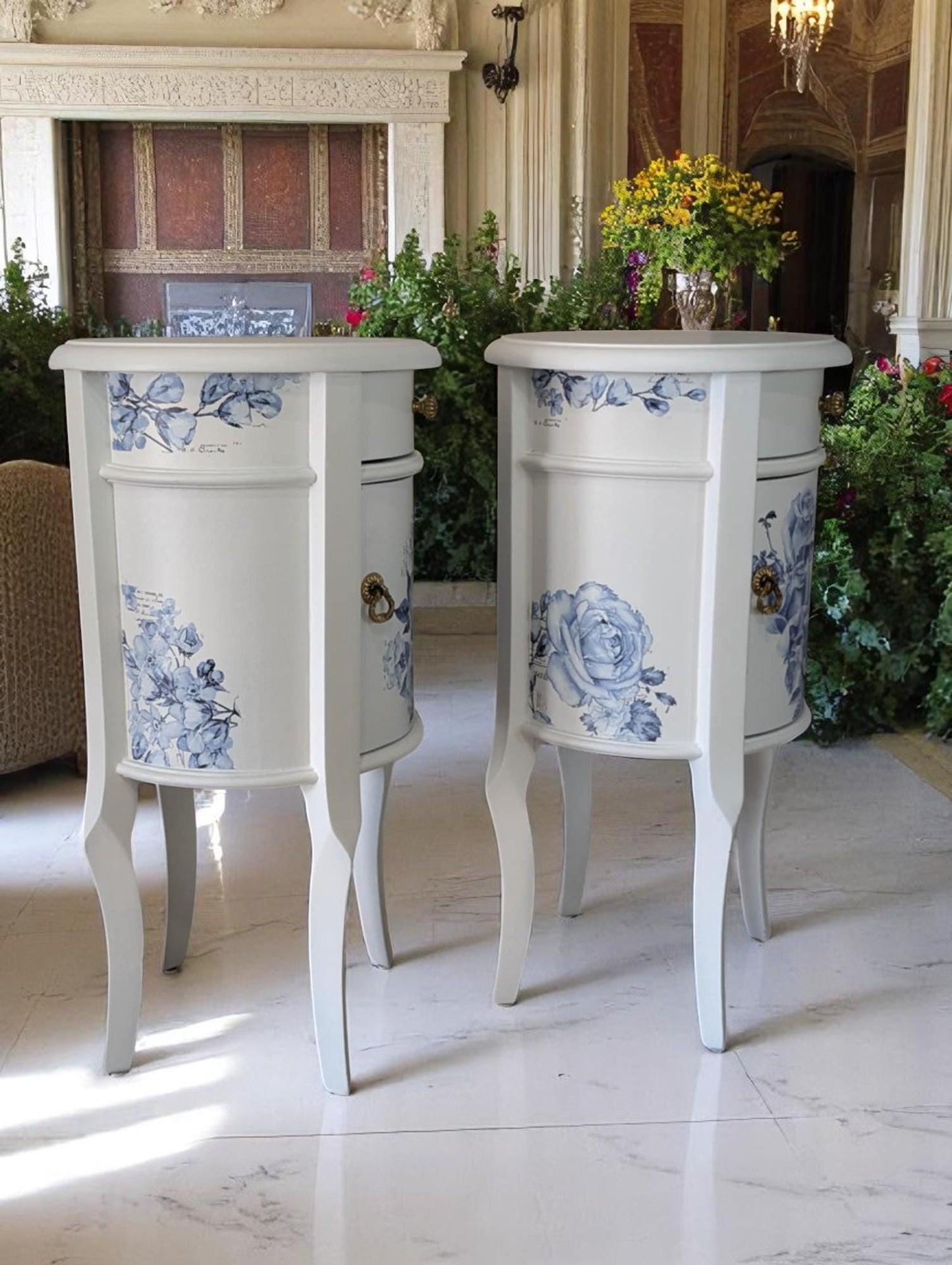 Vintage Pair Petite County French White & Blue Floral End or Side Tables Night Stands