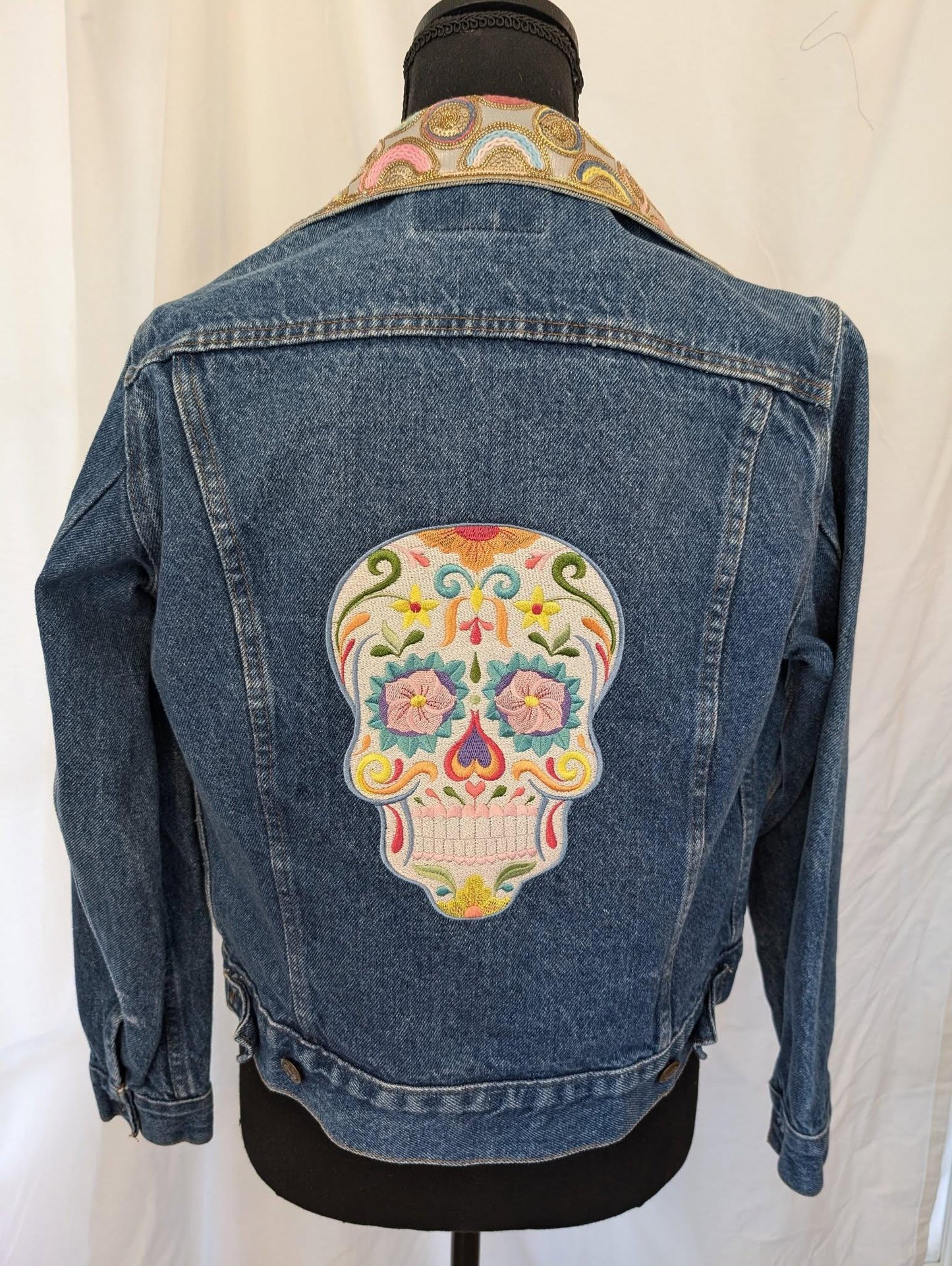 Custom Designed Denim Jacket W/ Colorful Embroidered Sugar Skull & Sequin Trim