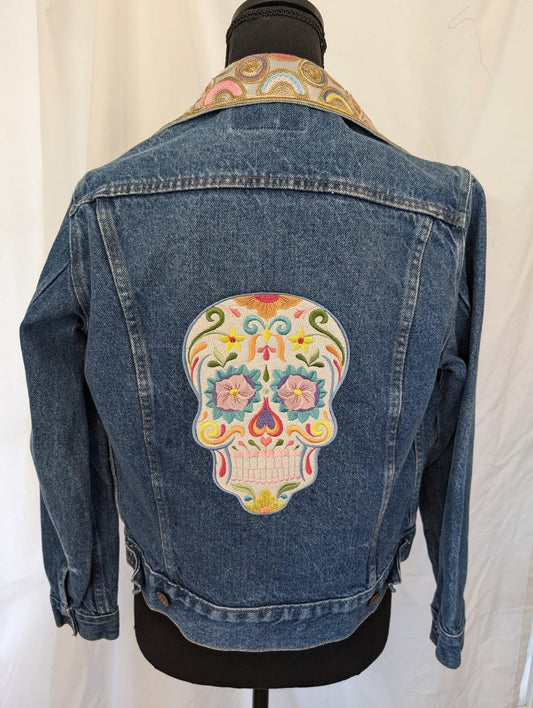 Custom Designed Denim Jacket W/ Colorful Embroidered Sugar Skull & Sequin Trim