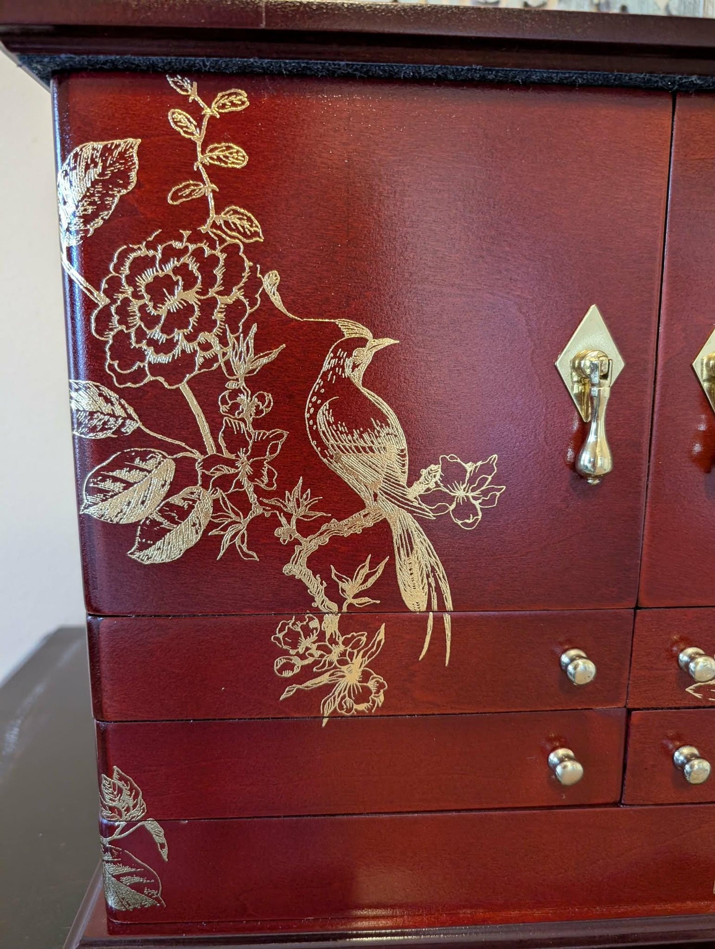 Vintage Lori Greiner Cherry Jewelry Box: Metallic Gold Bird Floral Design, Extra Large