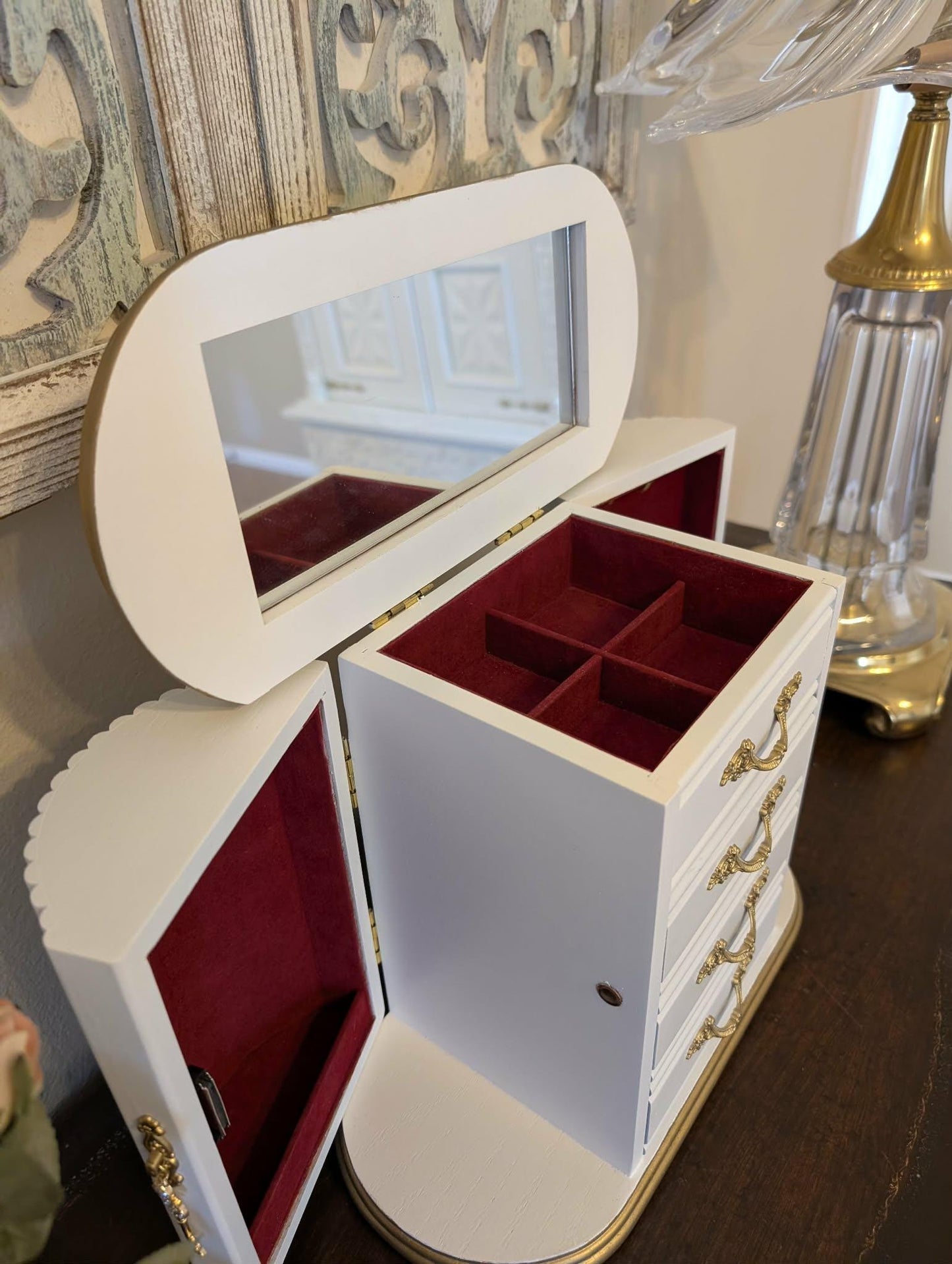 One of a Kind Custom Hand Painted Tabletop White & Gold Jewelry Box
