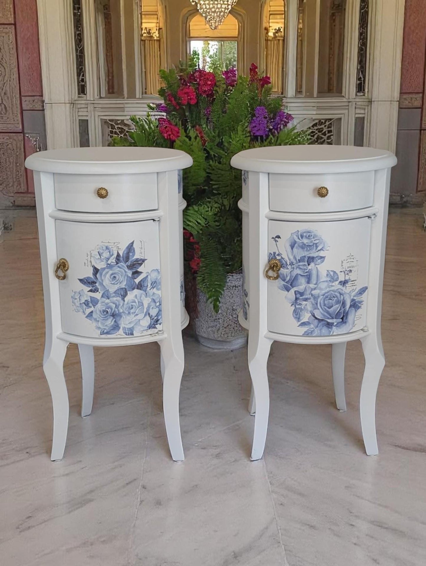 Vintage Pair Petite County French White & Blue Floral End or Side Tables Night Stands