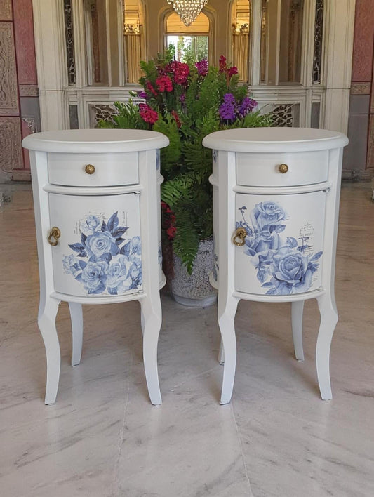 Vintage Pair Petite County French White & Blue Floral End or Side Tables Night Stands