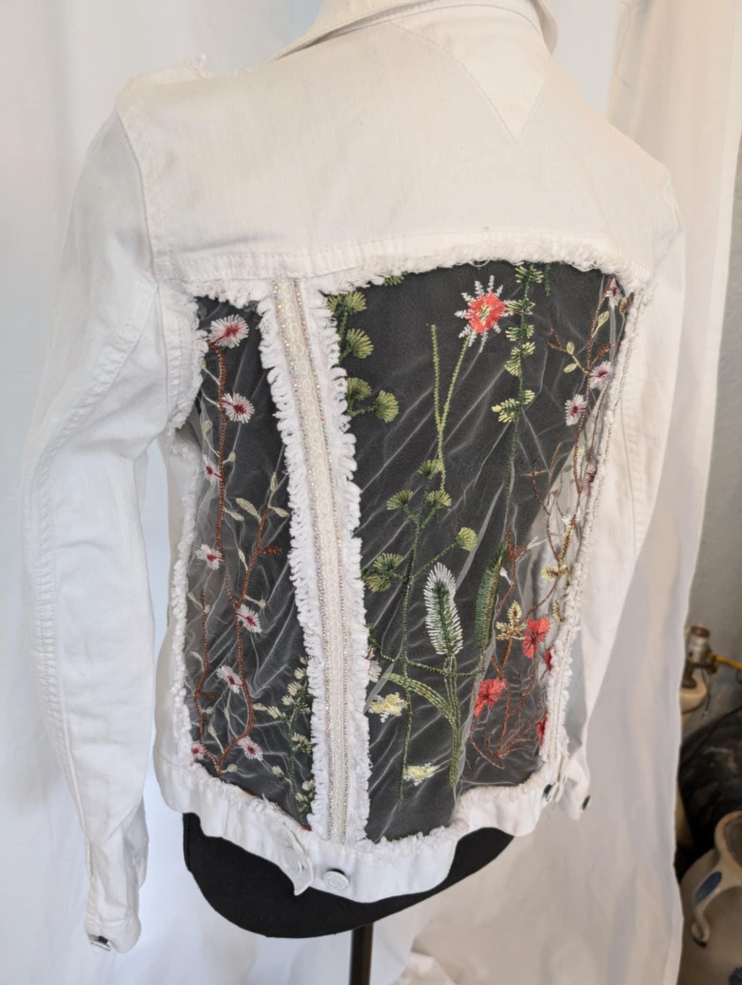 Vintage Tommy Hilfiger Denim Jacket, Embroidered Floral Tulle, Rhinestone Trim