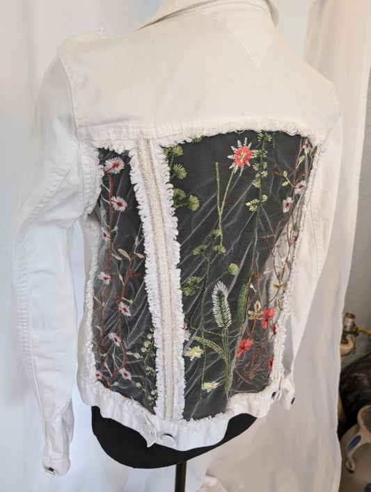 Vintage Tommy Hilfiger Denim Jacket, Embroidered Floral Tulle, Rhinestone Trim