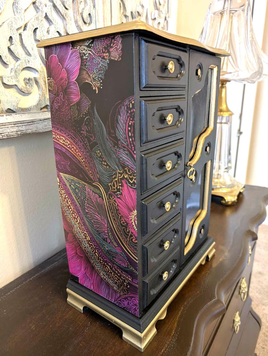 Vintage One of a Kind Boho Bohemian Tabletop Black & Paisley XL Jewelry Box