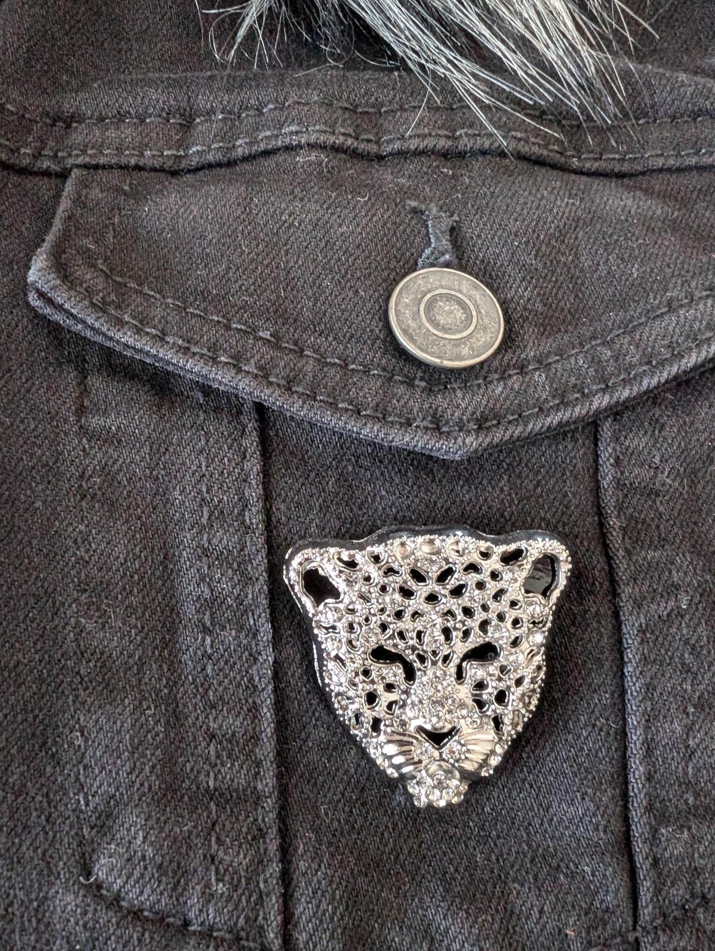 Custom Black Denim Jacket W/ Beaded and Sequins Black Panther & Faux Fur Collar