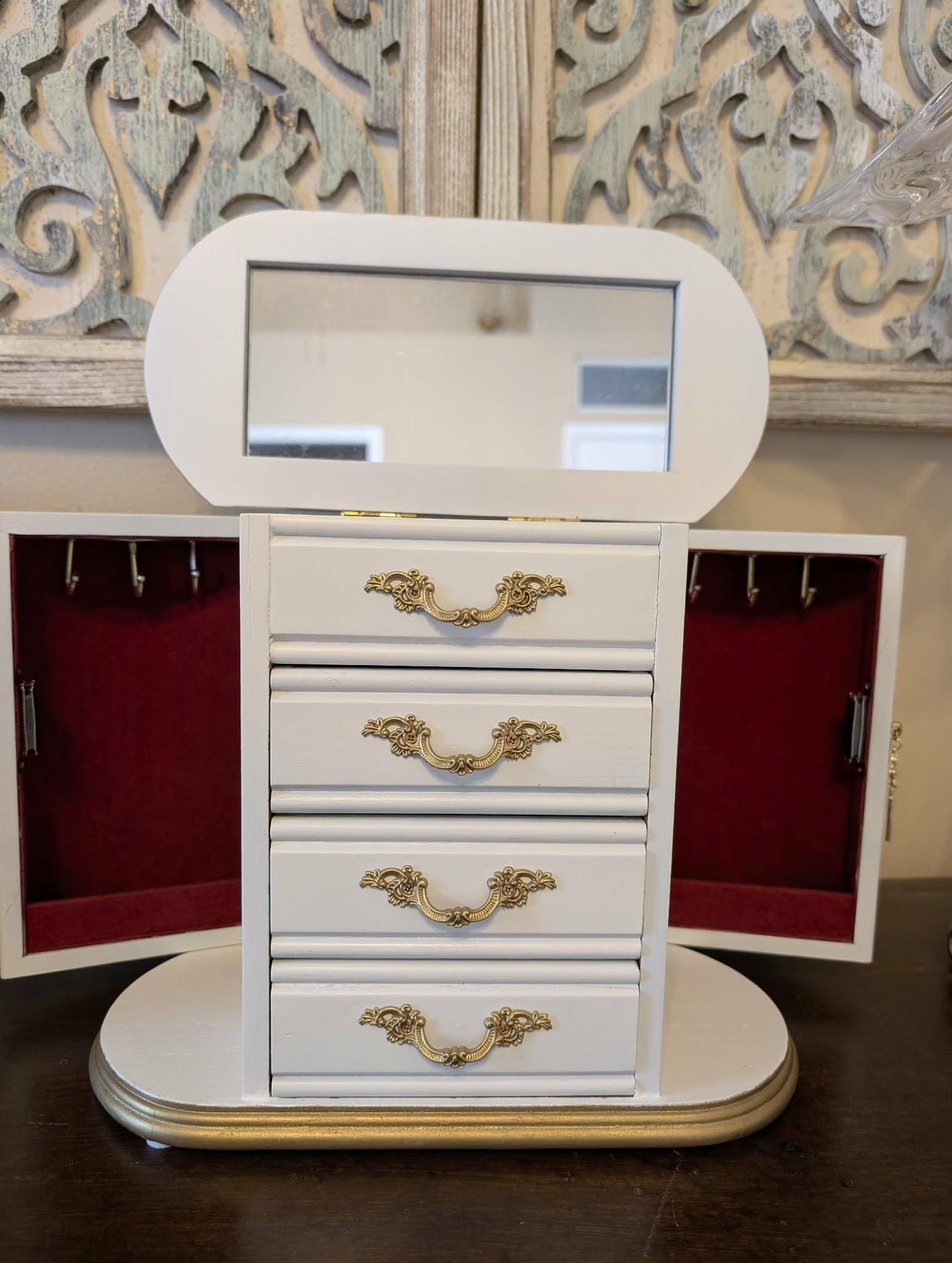 One of a Kind Custom Hand Painted Tabletop White & Gold Jewelry Box