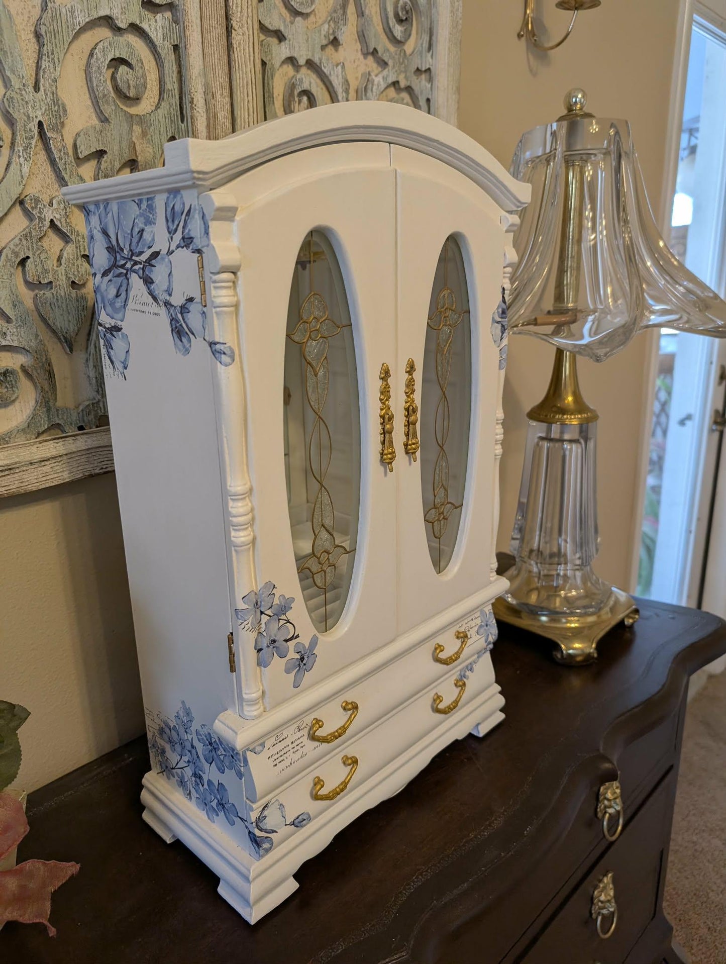 Vintage Custom Hand Painted French Country Tabletop Blue, White & Gold XL Jewelry Box