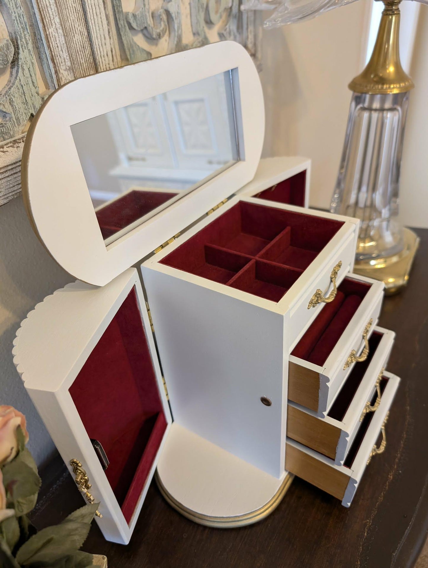 One of a Kind Custom Hand Painted Tabletop White & Gold Jewelry Box