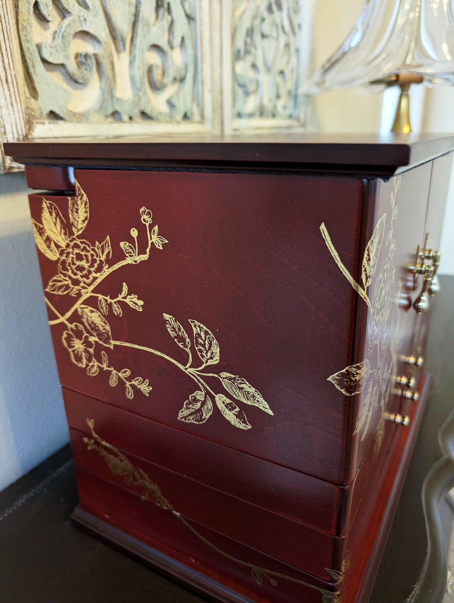 Vintage Lori Greiner Cherry Jewelry Box: Metallic Gold Bird Floral Design, Extra Large
