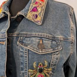 Custom Designed Denim Jacket W/ Colorful Sequin Sugar Skull - One of a Kind!