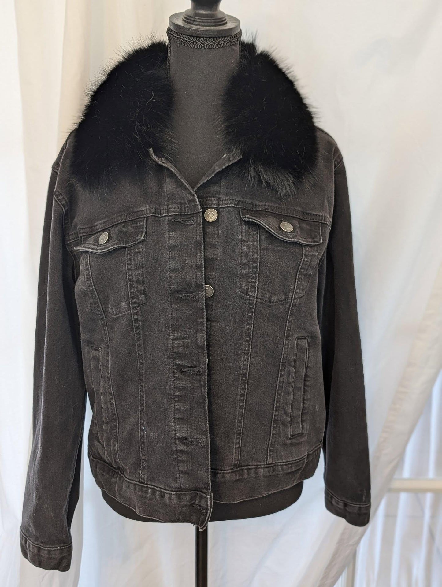 Custom Designed Denim Jacket W/ Embroidered Cat & Removable Faux Fur Collar- One of a Kind!