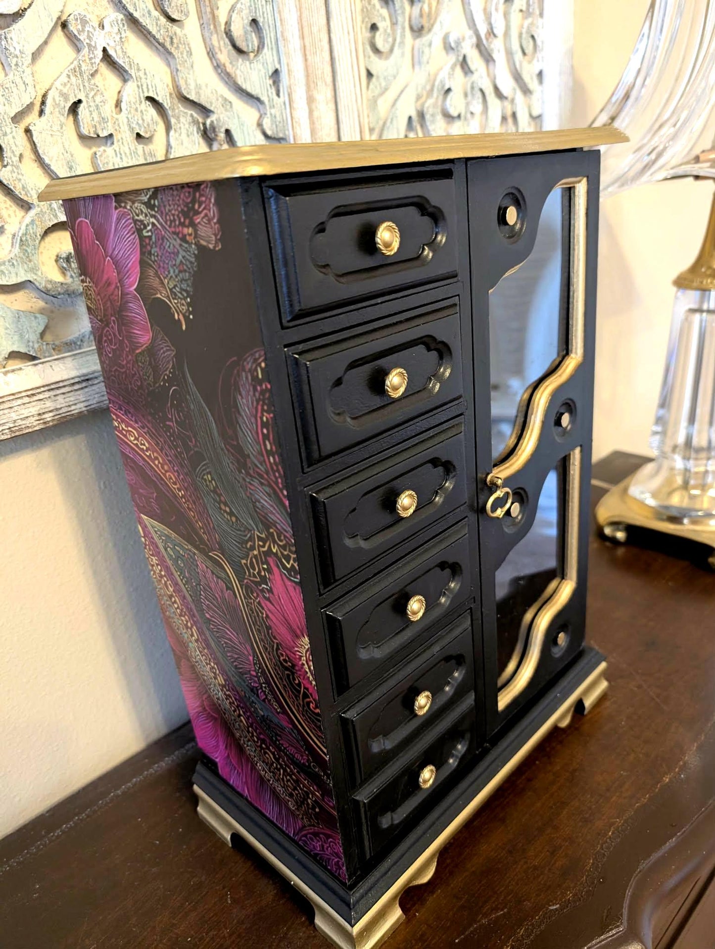 Vintage One of a Kind Boho Bohemian Tabletop Black & Paisley XL Jewelry Box