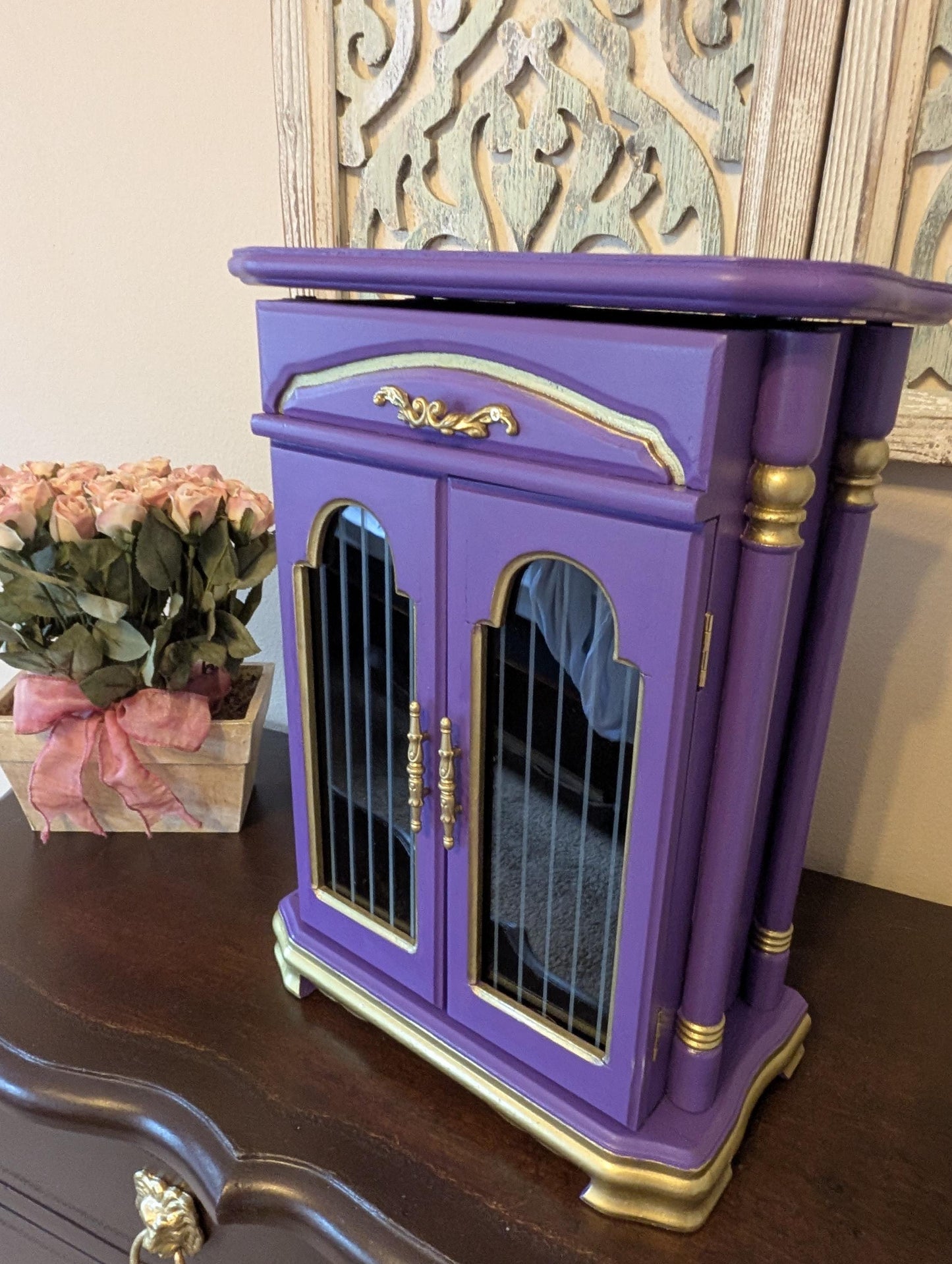 Vintage Custom One of a Kind Hand Painted Tabletop Purple & Gold Large Jewelry Box