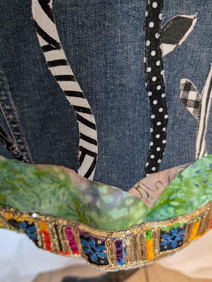 Custom Designed Denim Jacket W/ Colorful Raw Edge Applique Flowers - One of a Kind!