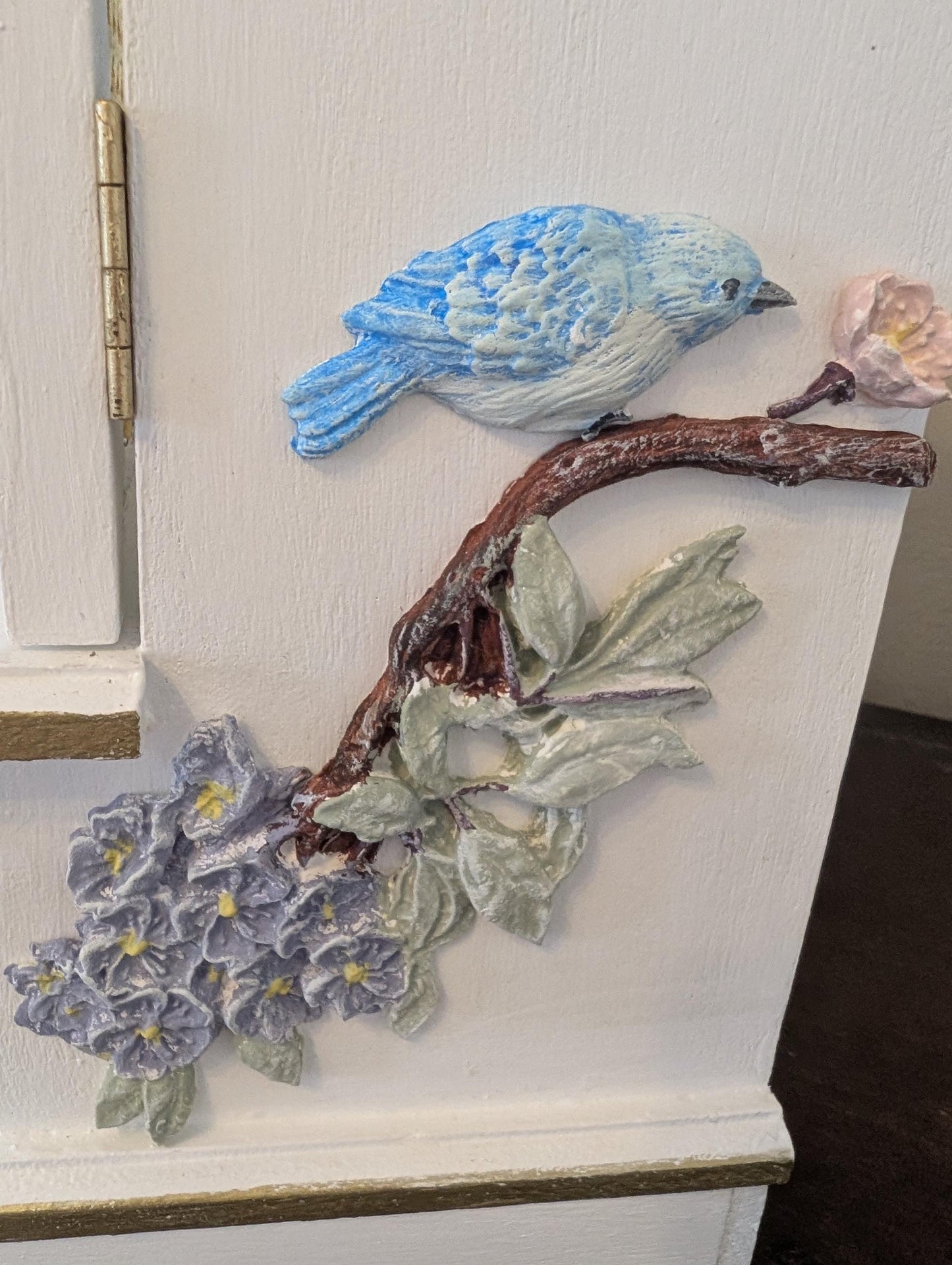 Vintage Custom Hand Painted Shabby Chic Tabletop Birds White & Gold Jewelry Box