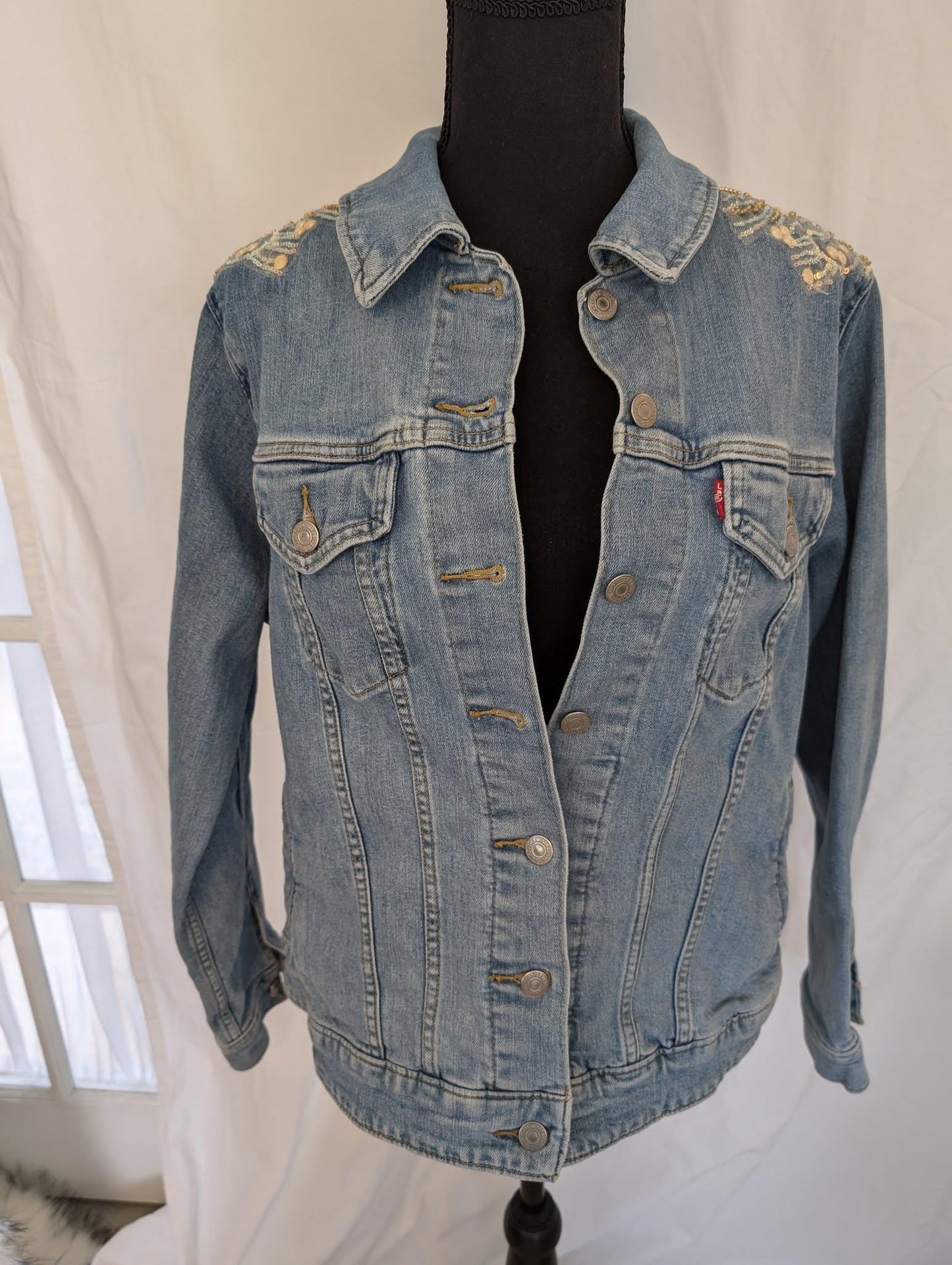 Custom Designed Vintage Levis Denim Jean Jacket W/  Sequin Panels - One of a kind!