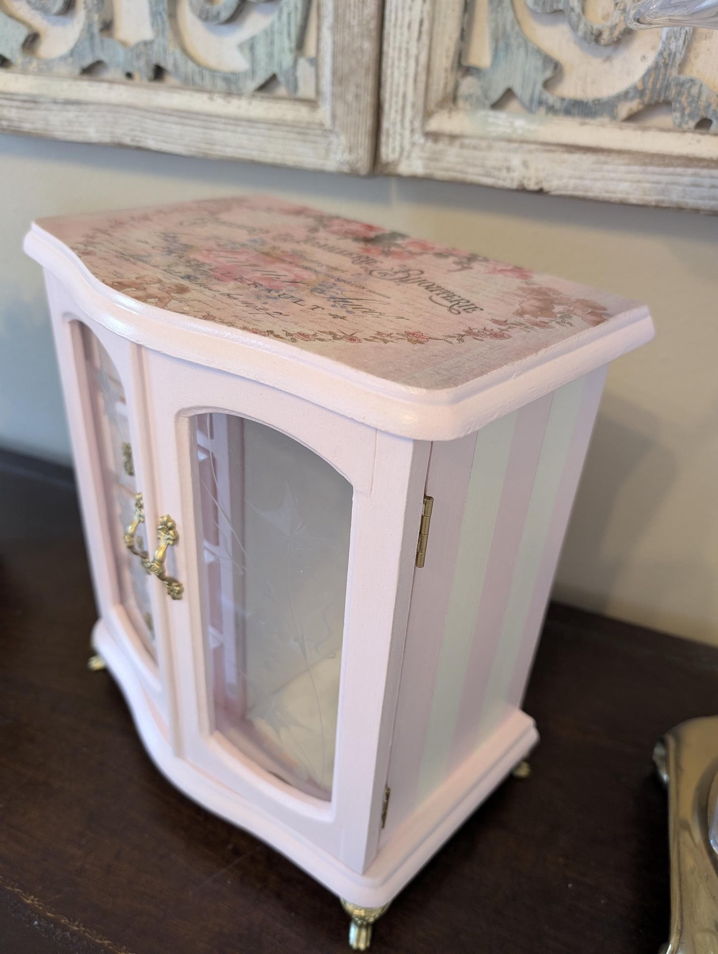 Vintage Custom Hand Painted Shabby Chic Tabletop Pink White & Gold Jewelry Box