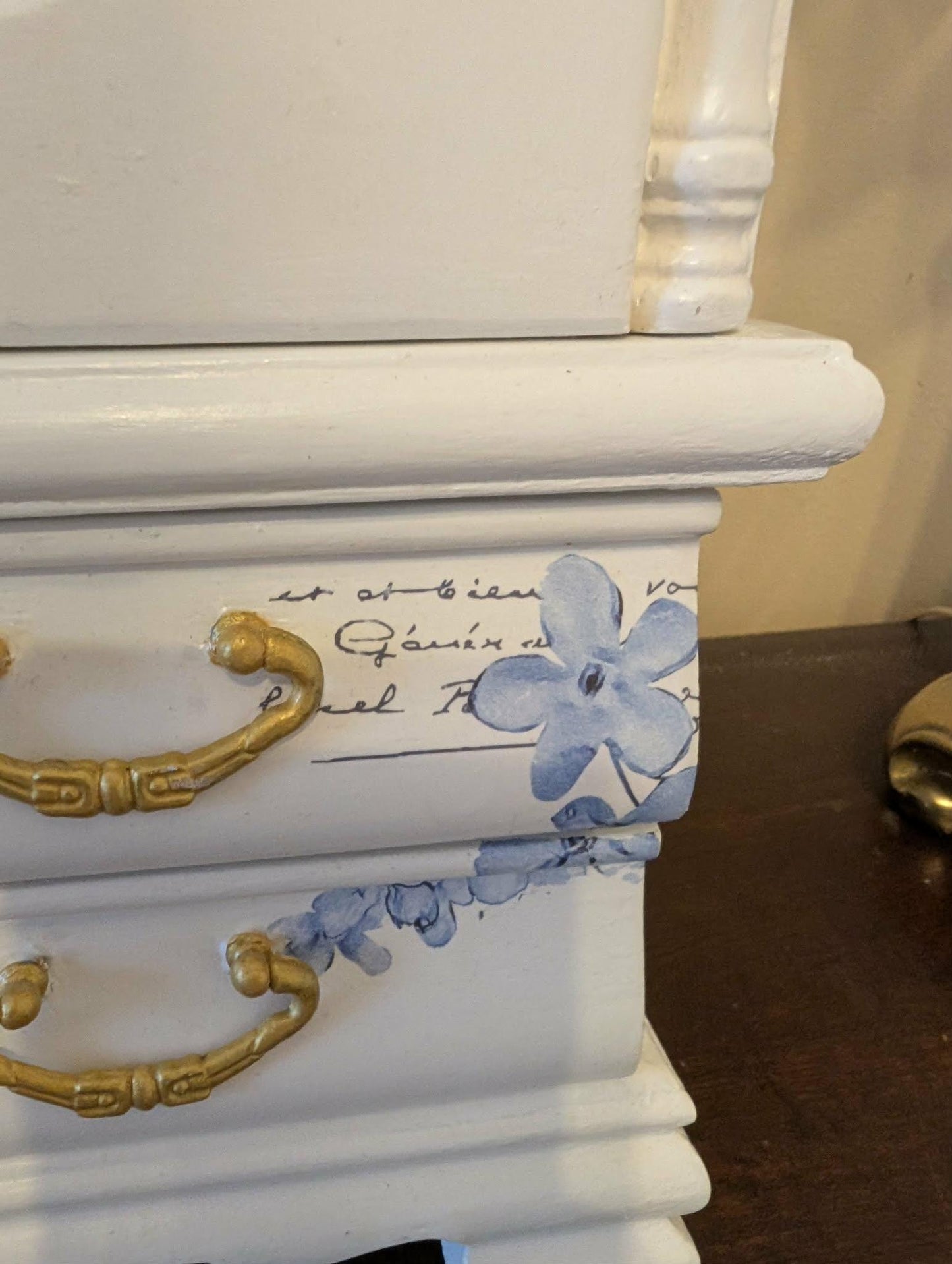 Vintage Custom Hand Painted French Country Tabletop Blue, White & Gold XL Jewelry Box