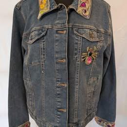 Custom Designed Denim Jacket W/ Colorful Sequin Sugar Skull - One of a Kind!