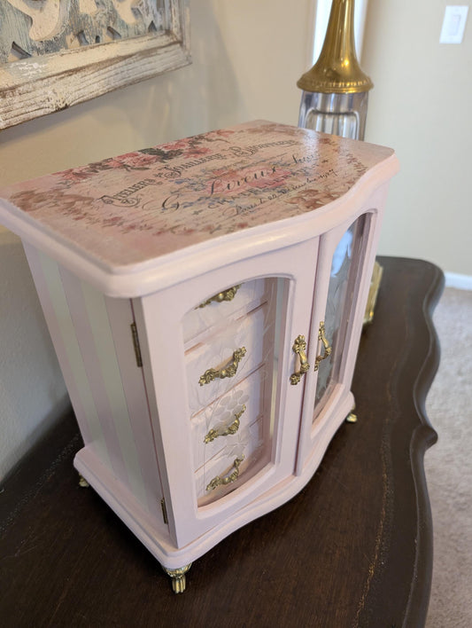 Vintage Custom Hand Painted Shabby Chic Tabletop Pink White & Gold Jewelry Box
