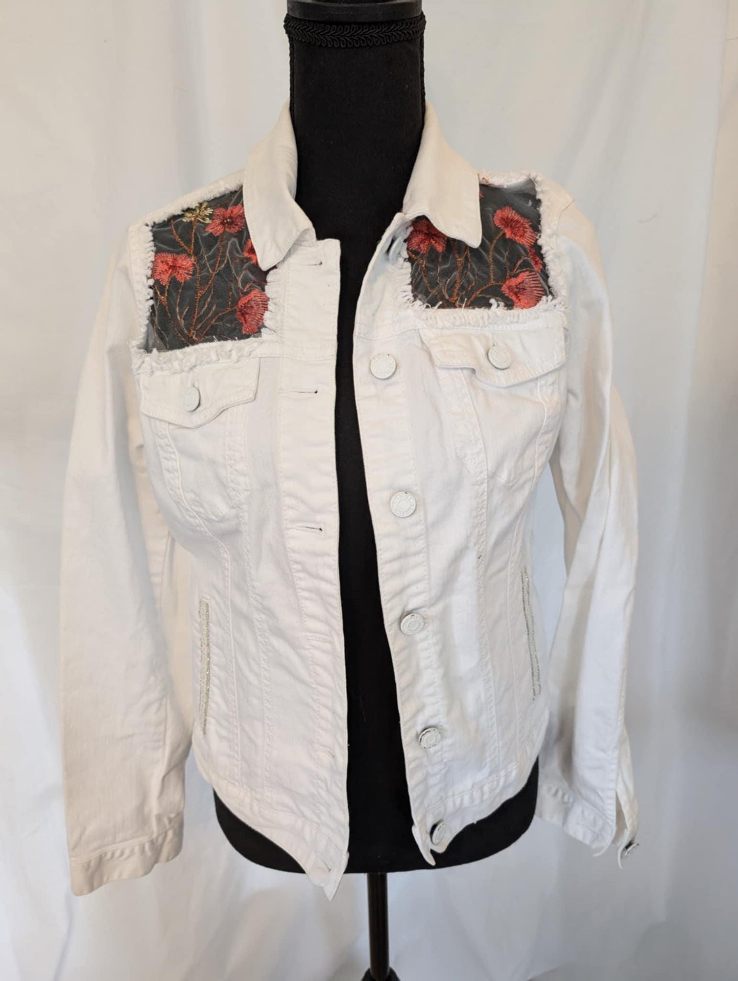 Vintage Tommy Hilfiger Denim Jacket, Embroidered Floral Tulle, Rhinestone Trim