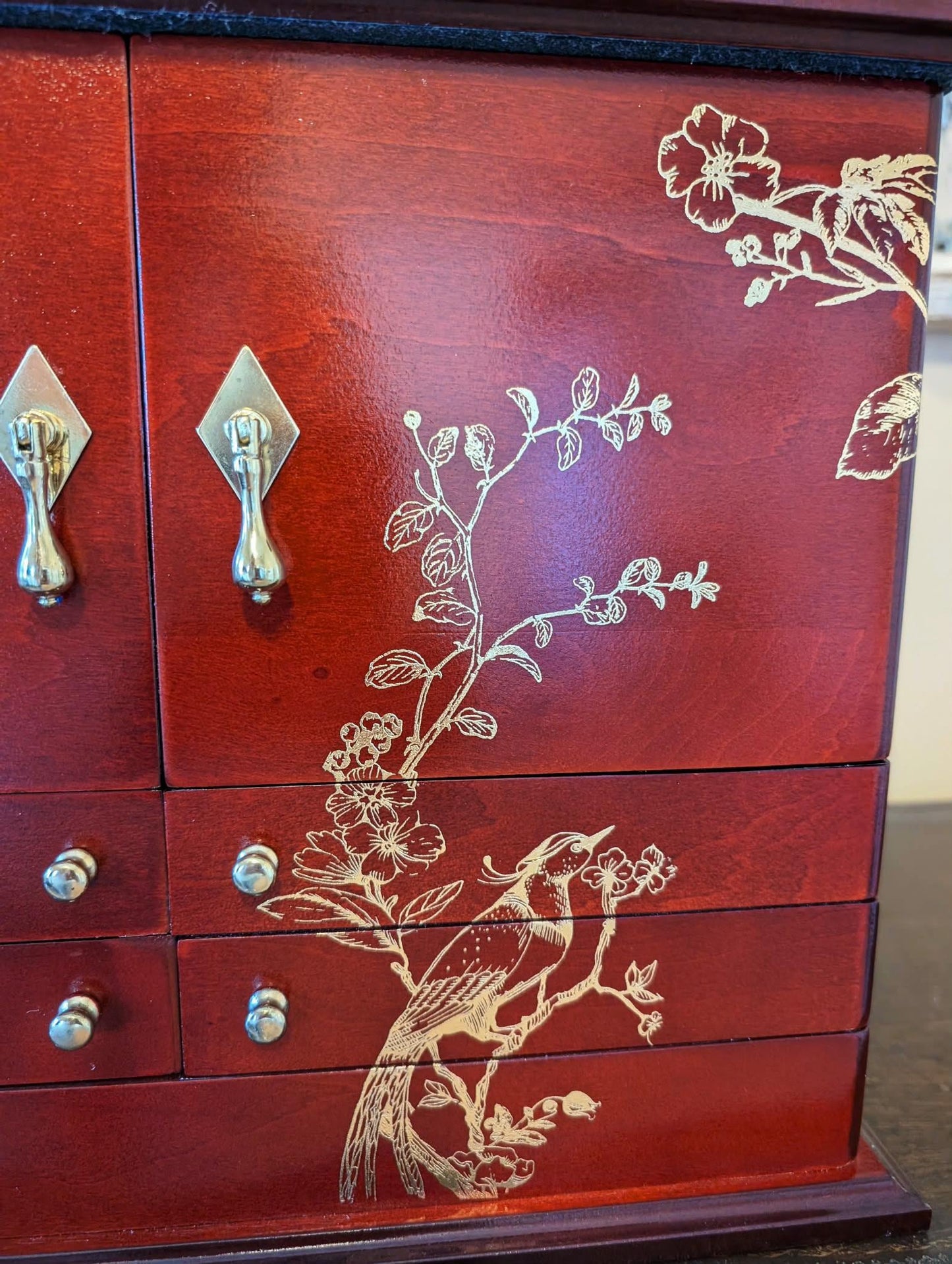 Vintage Lori Greiner Cherry Jewelry Box: Metallic Gold Bird Floral Design, Extra Large