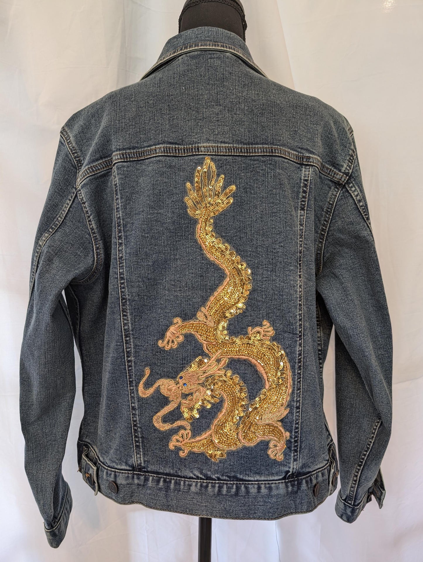 Custom Denim Jacket W/ Beaded and Sequins Gold Chinese Dragon