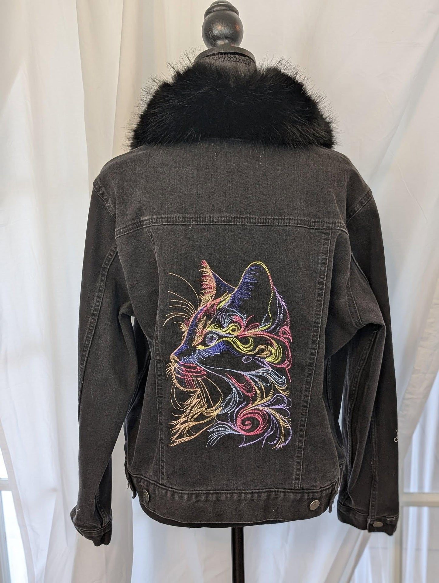Custom Designed Denim Jacket W/ Embroidered Cat & Removable Faux Fur Collar- One of a Kind!