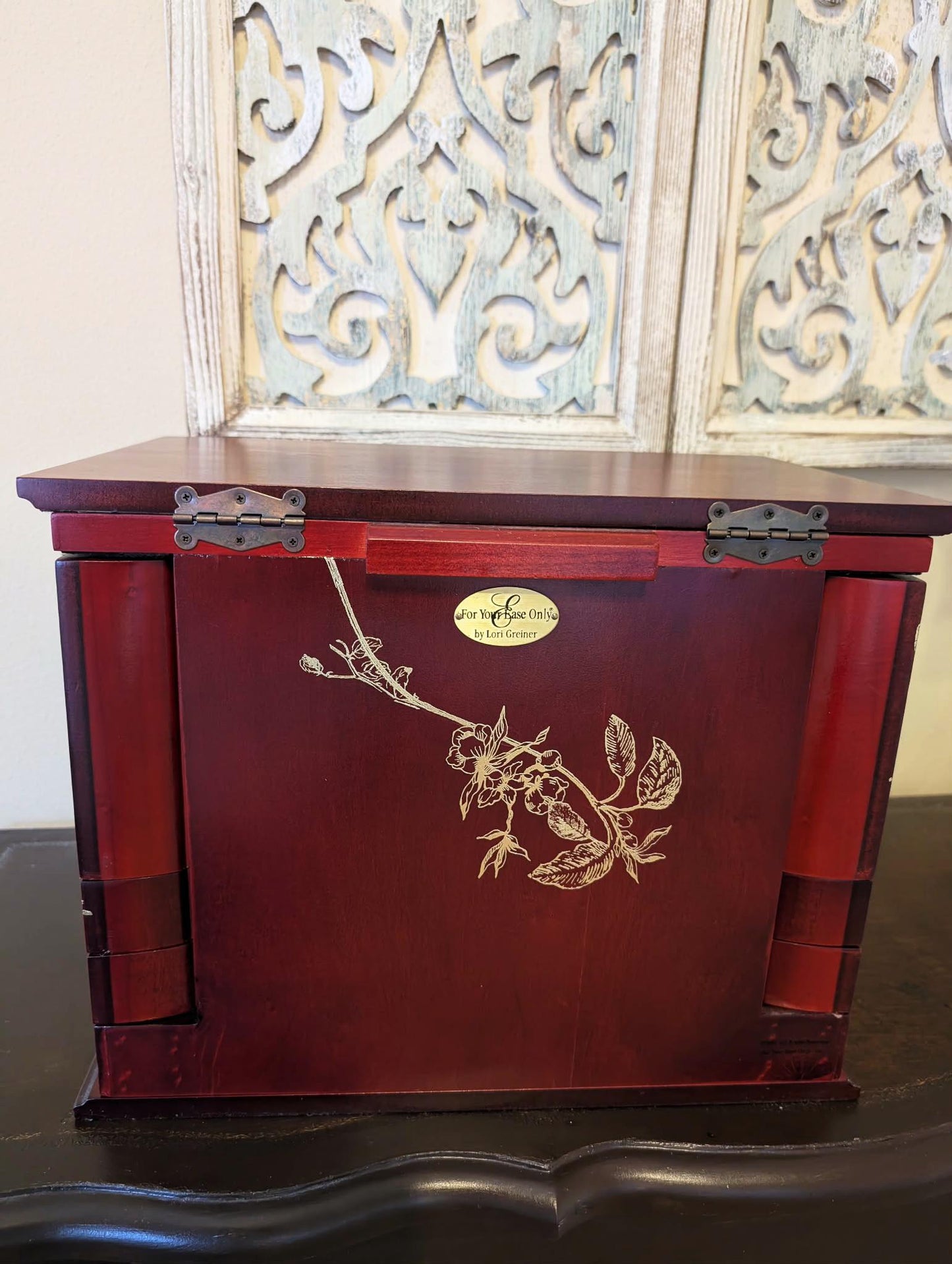 Vintage Lori Greiner Cherry Jewelry Box: Metallic Gold Bird Floral Design, Extra Large