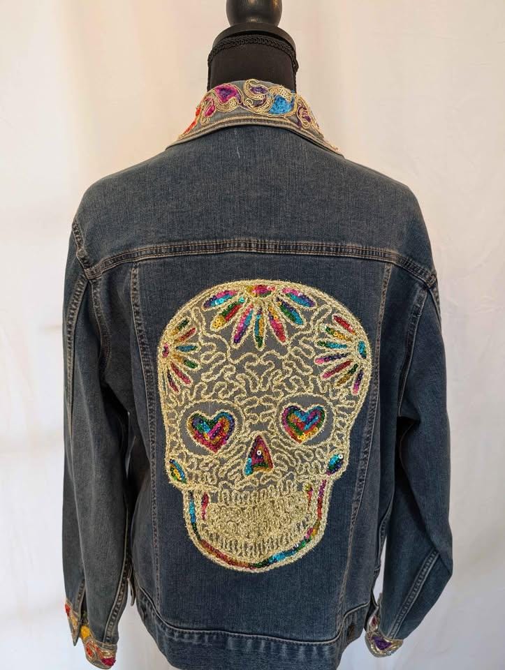 Custom Designed Denim Jacket W/ Colorful Sequin Sugar Skull - One of a Kind!