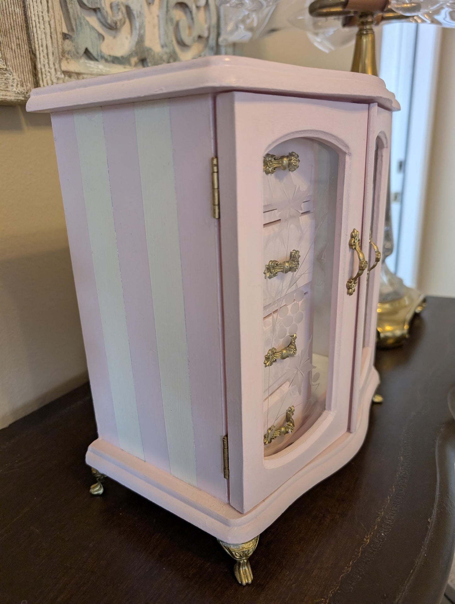 Vintage Custom Hand Painted Shabby Chic Tabletop Pink White & Gold Jewelry Box
