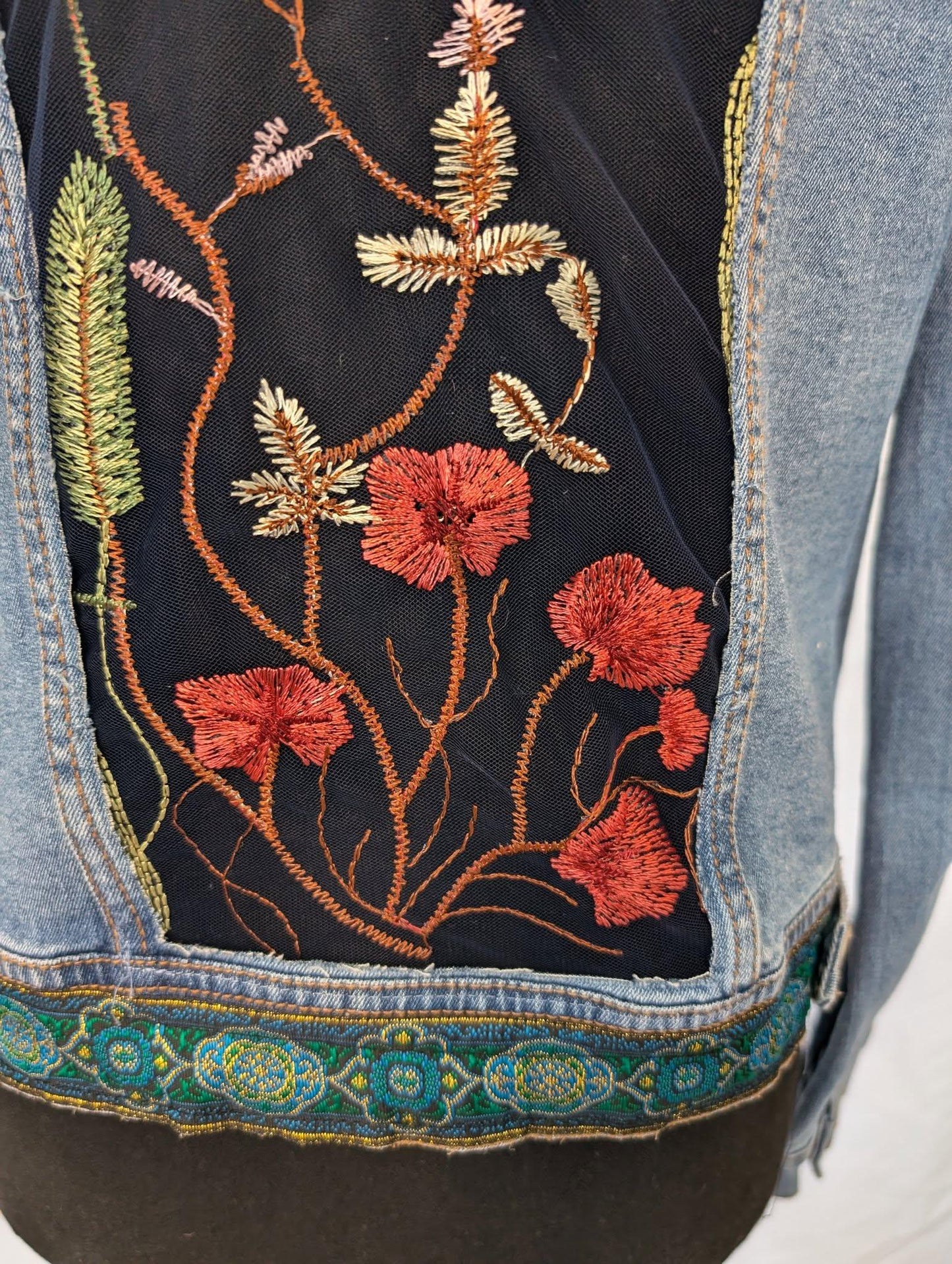 Custom Designed Denim Jacket Floral Design on Embroidered Sheer Tule Cut Out Panels