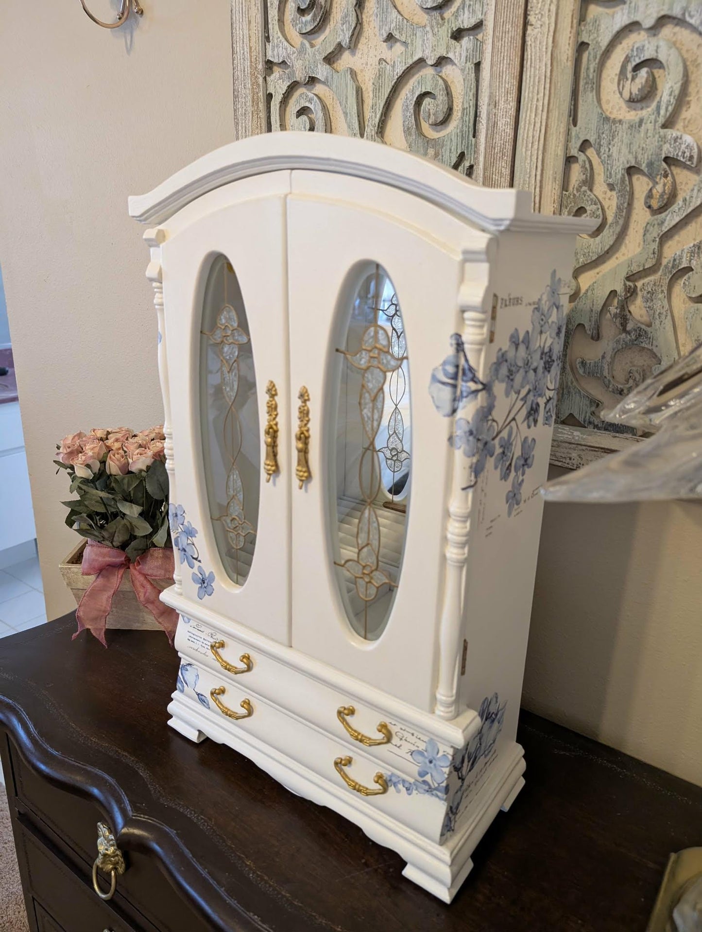 Vintage Custom Hand Painted French Country Tabletop Blue, White & Gold XL Jewelry Box