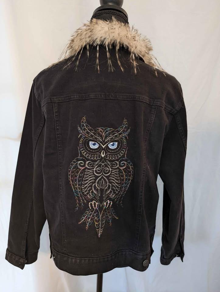Custom Designed Denim Jacket W/ Embroidered Owl & Faux Fur Collar- One of a Kind!