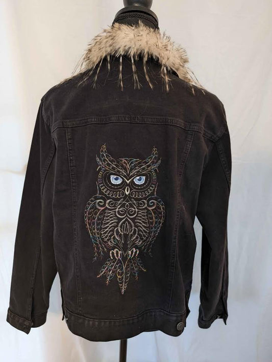 Custom Designed Denim Jacket W/ Embroidered Owl & Faux Fur Collar- One of a Kind!
