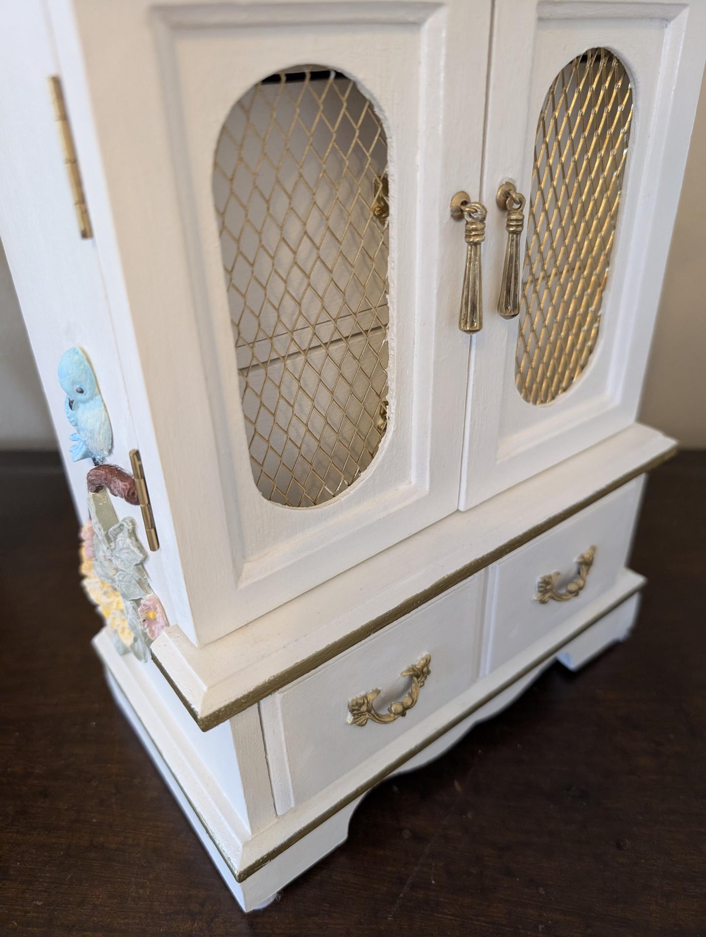 Vintage Custom Hand Painted Shabby Chic Tabletop Birds White & Gold Jewelry Box