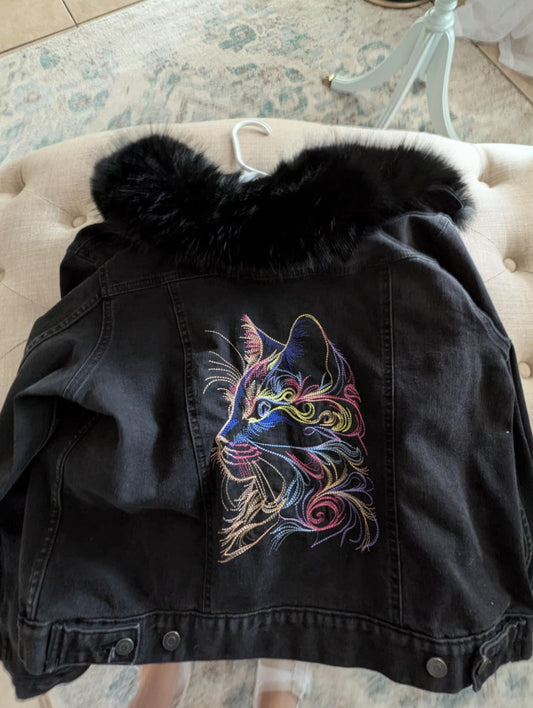 Custom Designed Denim Jacket W/ Embroidered Cat & Removable Faux Fur Collar- One of a Kind!