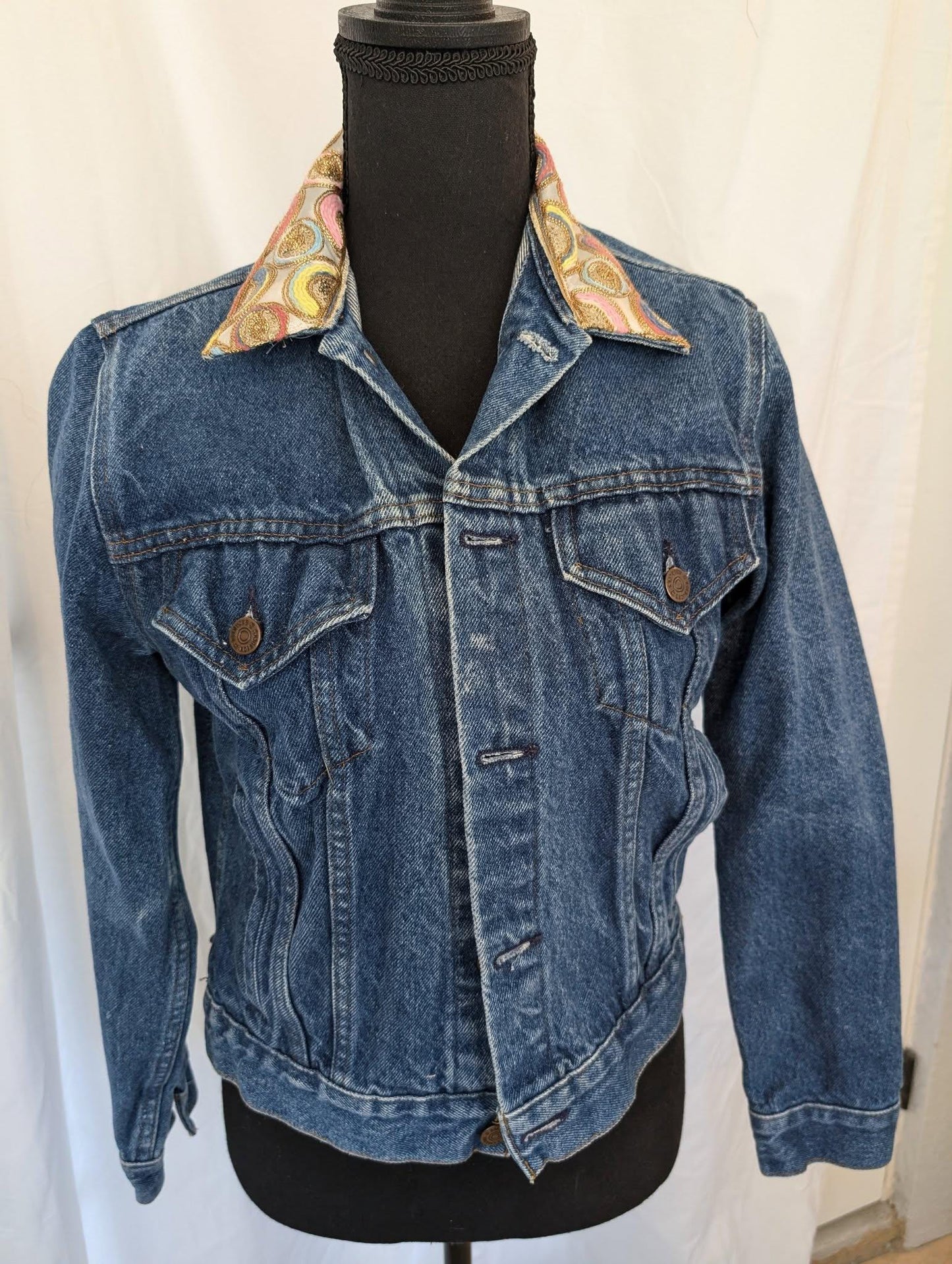 Custom Designed Denim Jacket W/ Colorful Embroidered Sugar Skull & Sequin Trim