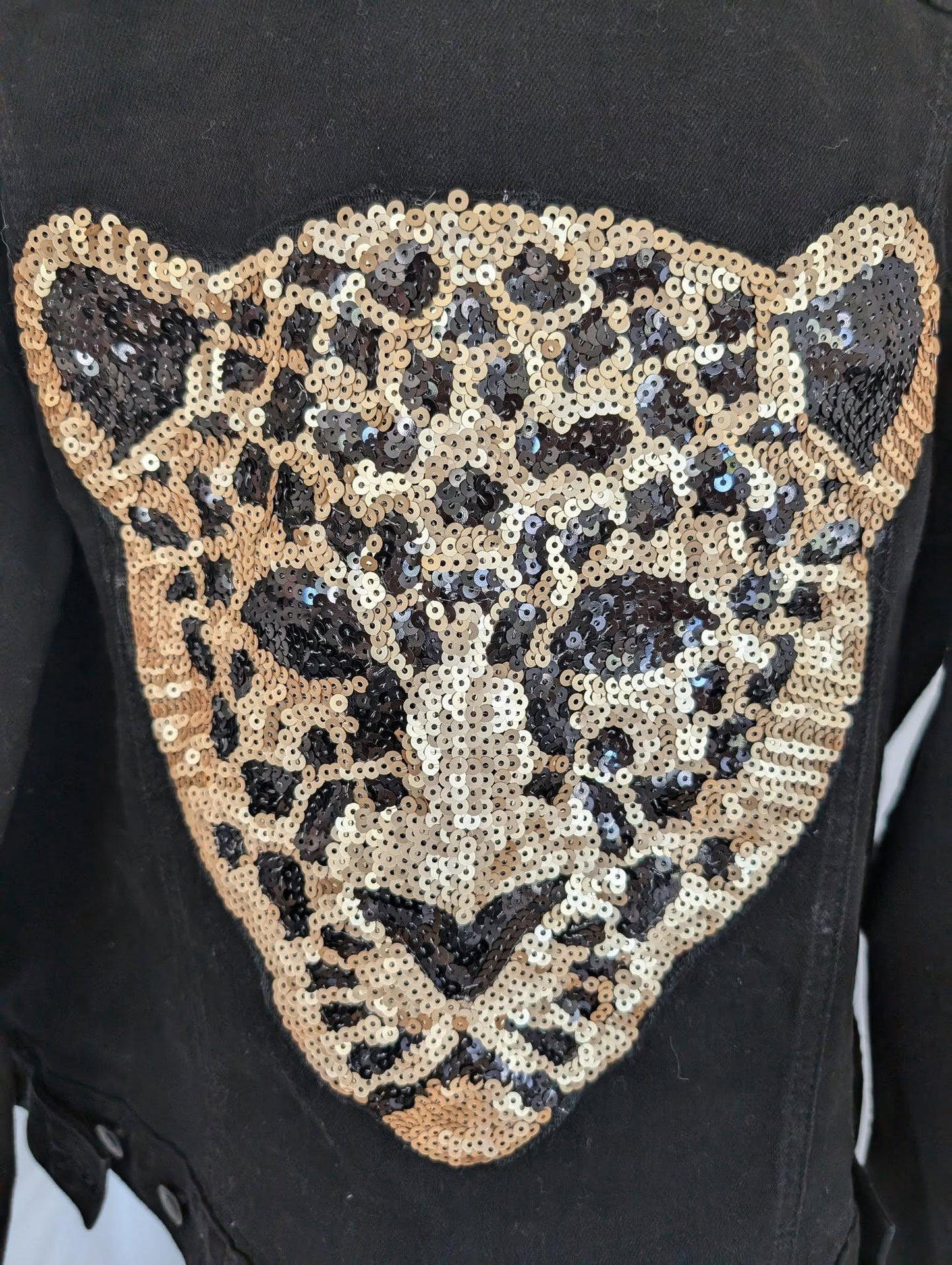 Custom XL Black Denim Jacket W/ Sequined Black Panther & Fancy Gold Trim Cuffs Collar