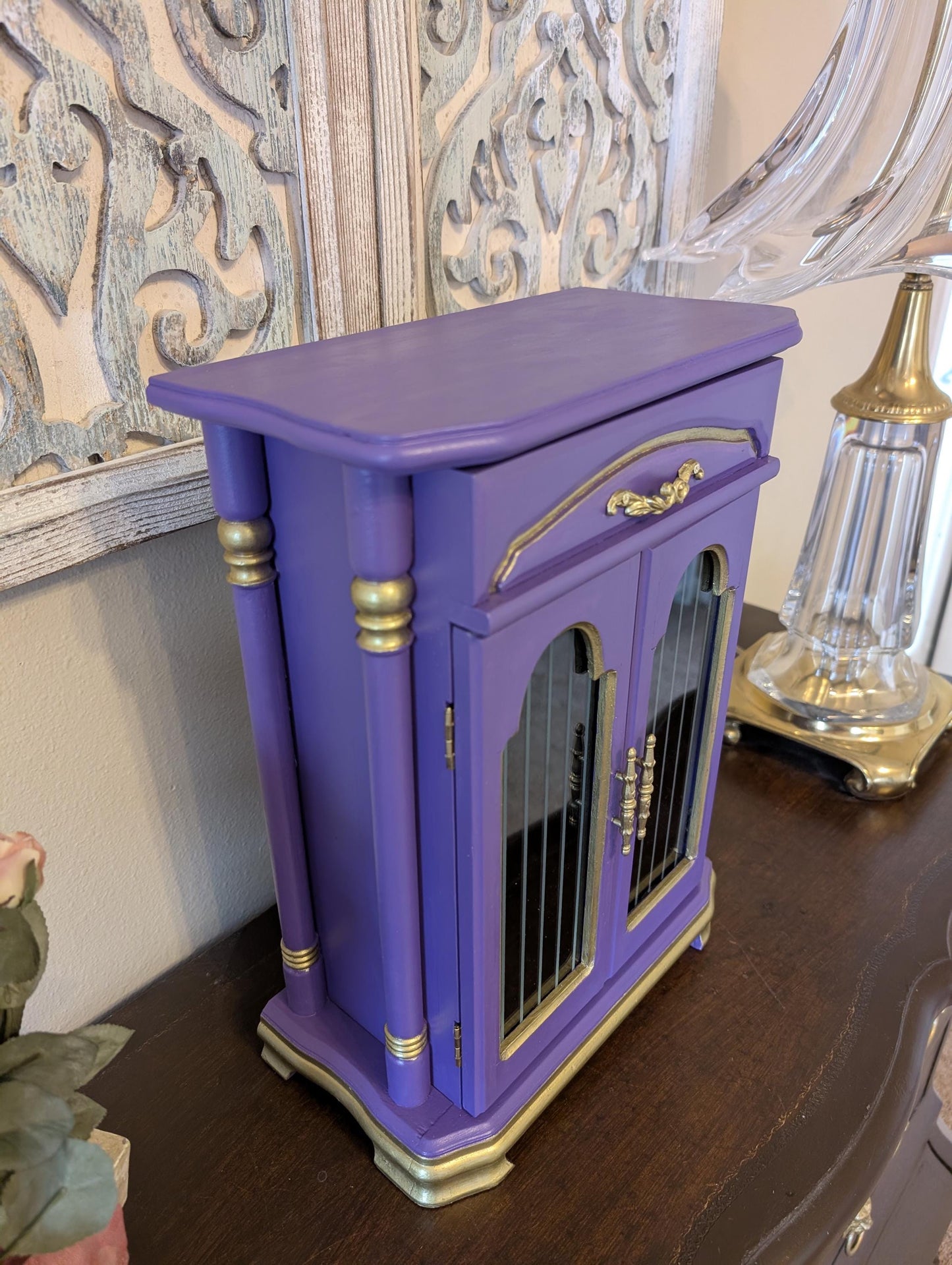 Vintage Custom One of a Kind Hand Painted Tabletop Purple & Gold Large Jewelry Box