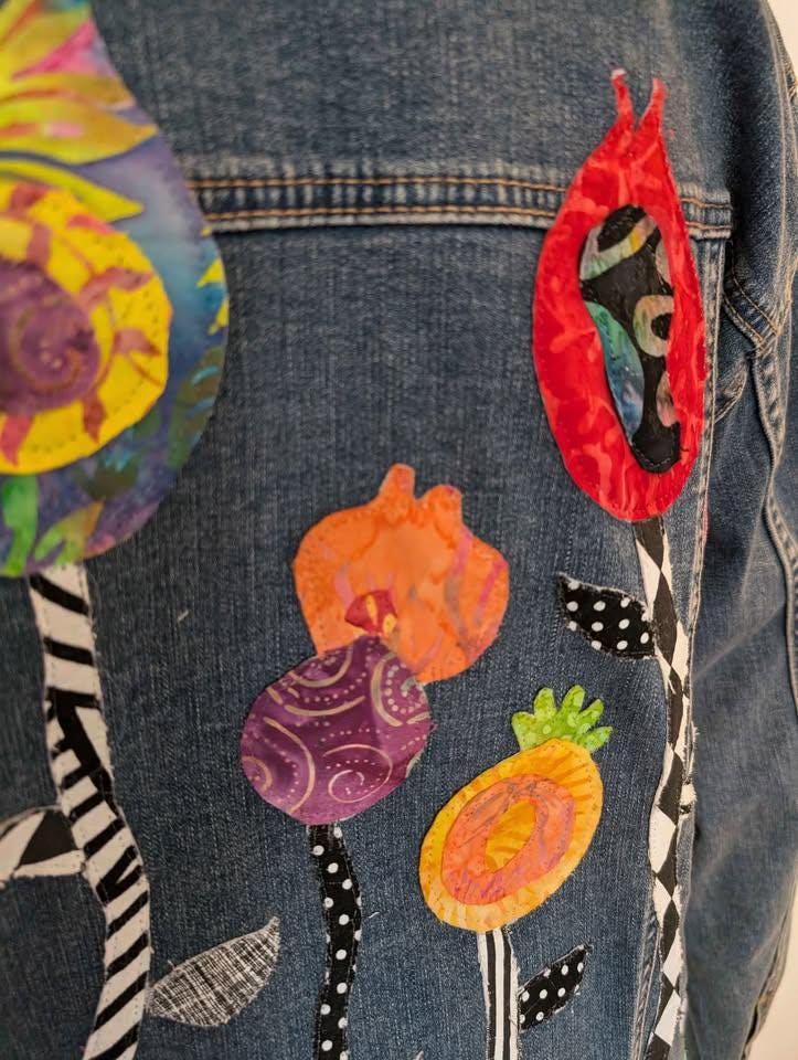 Custom Designed Denim Jacket W/ Colorful Raw Edge Applique Flowers - One of a Kind!