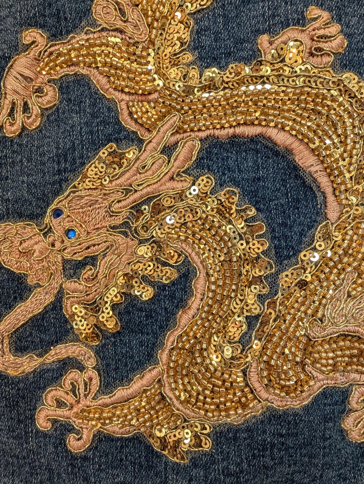 Custom Denim Jacket W/ Beaded and Sequins Gold Chinese Dragon